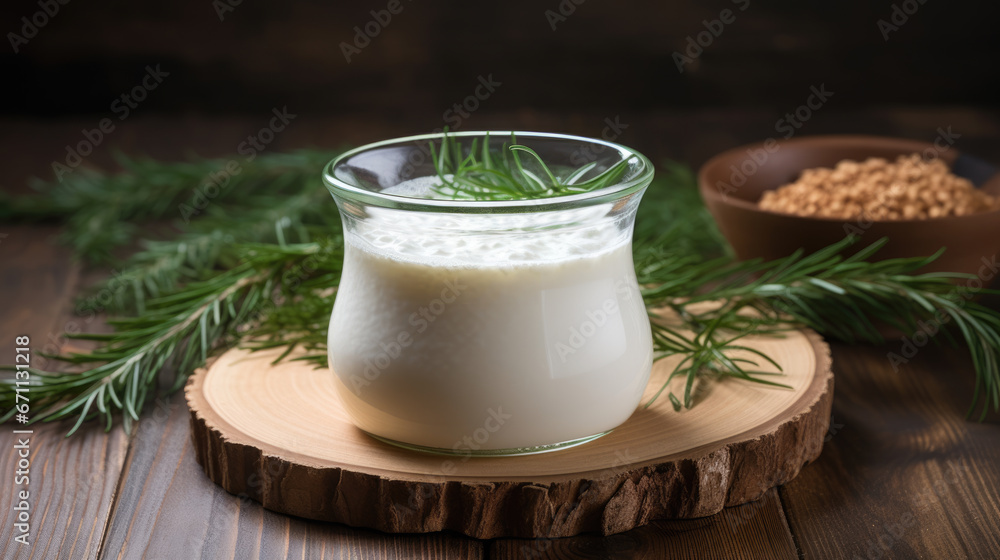 Kefir in a glass on a wooden background Kefir in a glass on a wooden background