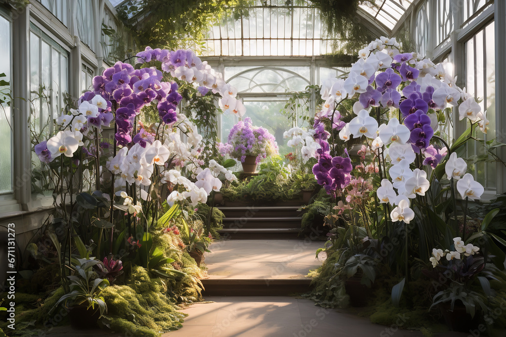 Fototapeta premium Rows of colorful orchids fill a greenhouse, revealing a diverse collection of this exotic and beautiful species