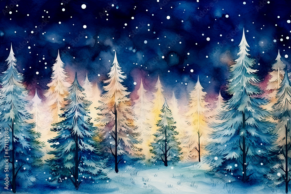 Naklejka premium Christmas winter landscape at night with fir trees, stars, snow and lights in watercolor style.