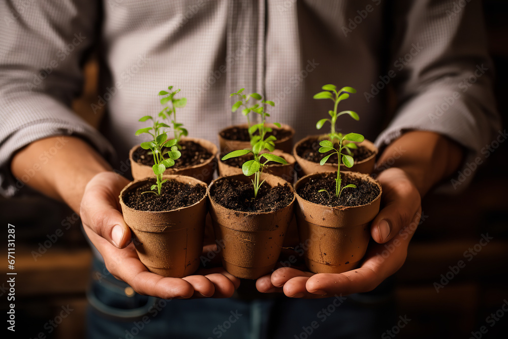 A man holds seedlings planted in biodegradable pots, embracing an eco-friendly approach to gardening and cultivation A man holds seedlings planted in biodegradable pots, embracing an eco-friendly approach to gardening and cultivation