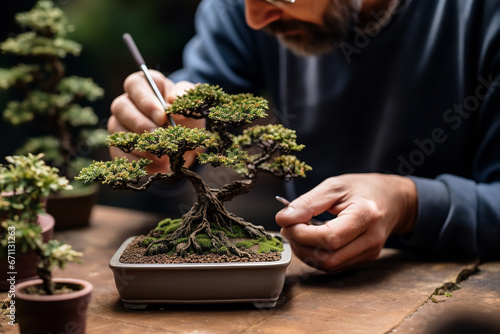 Fotografía A bonsai artist meticulously shapes a miniature tree, showcasing the precision a