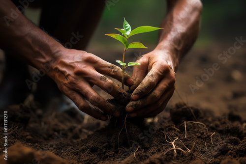 A pair of hands plant a young tree sapling in the ground, symbolizing hope for reforestation and a greener future