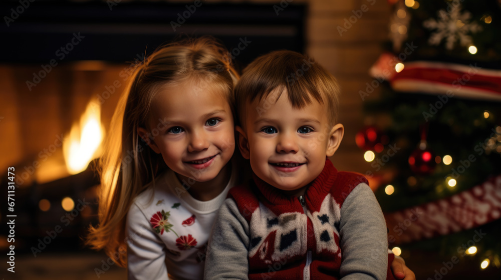 A joyful children, with a decorated Christmas tree and twinkling lights in the background. A joyful children, with a decorated Christmas tree and twinkling lights in the background.