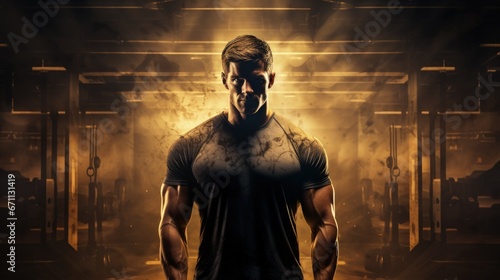 Confident muscular man in gym with dramatic lighting