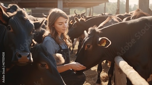 Positive young woman farmer petting and feeding calves during the day on ranch. Cattle breeding, taking care of animals, dairy and meat production concept  photo