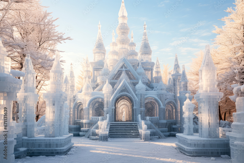 Frost-covered ice sculptures standing majestically in a winter wonderland setting 
