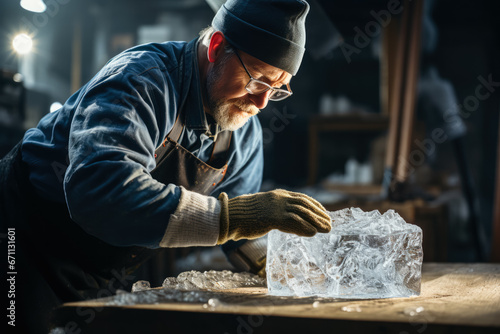 Sculptor masterfully chiseling intricate details into a raw block of ice 