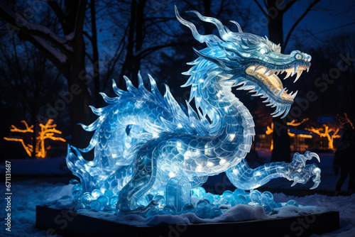 Awe-inspiring icy dragon masterpiece glimmering in the chilly winter moonlight  © fotogurmespb