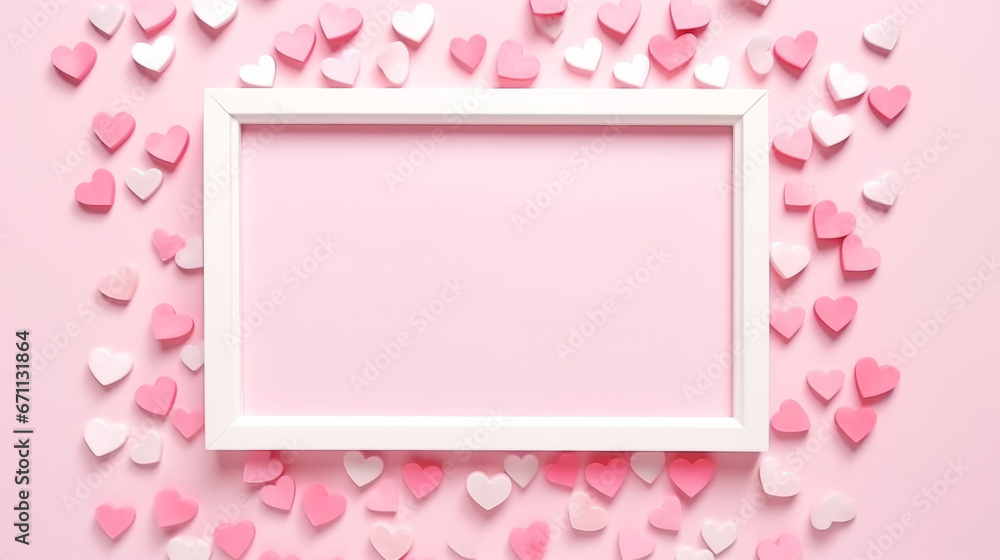 Valentine's Day composition. Photo frame and hearts on pastel pink background. Valentine's Day composition. Photo frame and hearts on pastel pink background.
