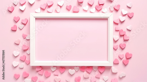 Valentine's Day composition. Photo frame and hearts on pastel pink background. © Natalia Klenova