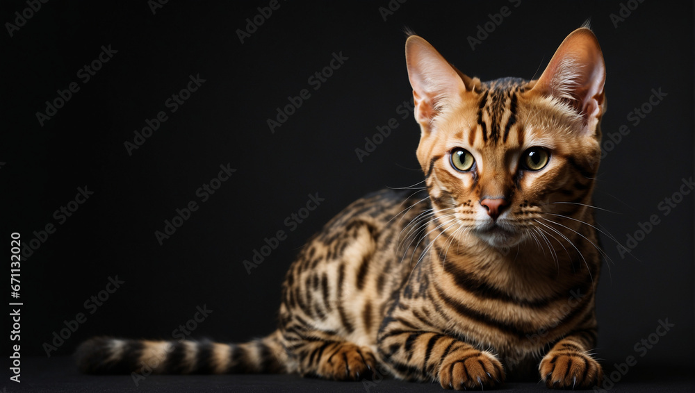 Bengal cat isolated on a black background. Backdrop with copy space
