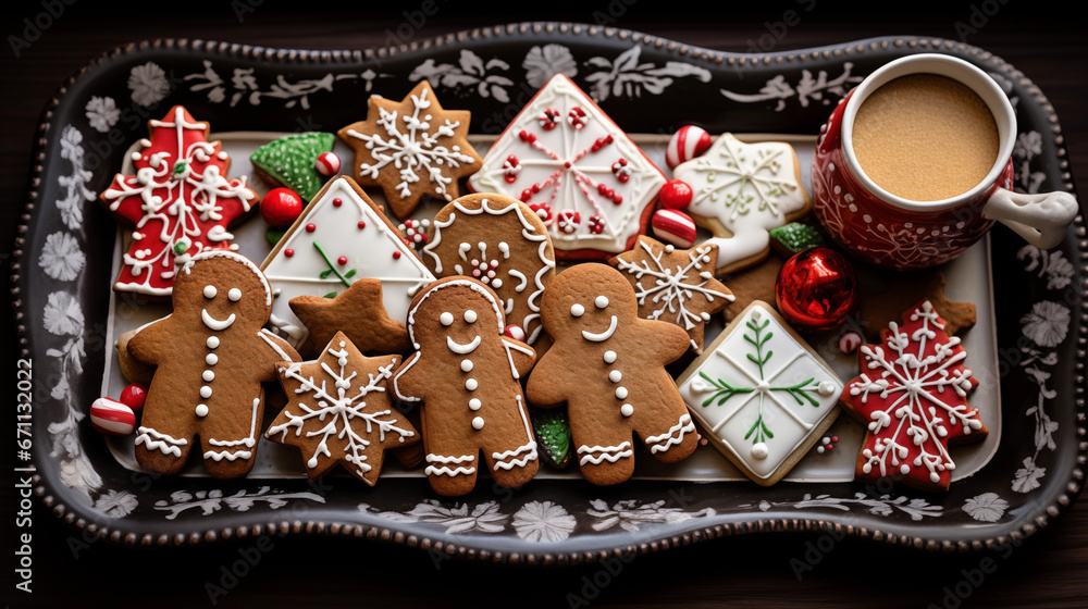 Image of tray filled with freshly baked gingerbread cookies in various festive shapes.