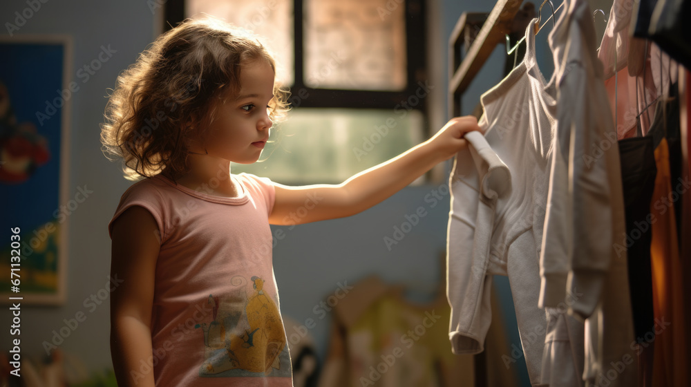 Little girl picks out clothes for kindergarten or school at her home