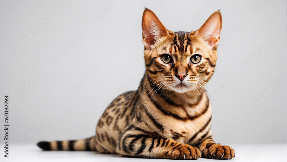 Bengal cat isolated on a white background. Backdrop with copy space