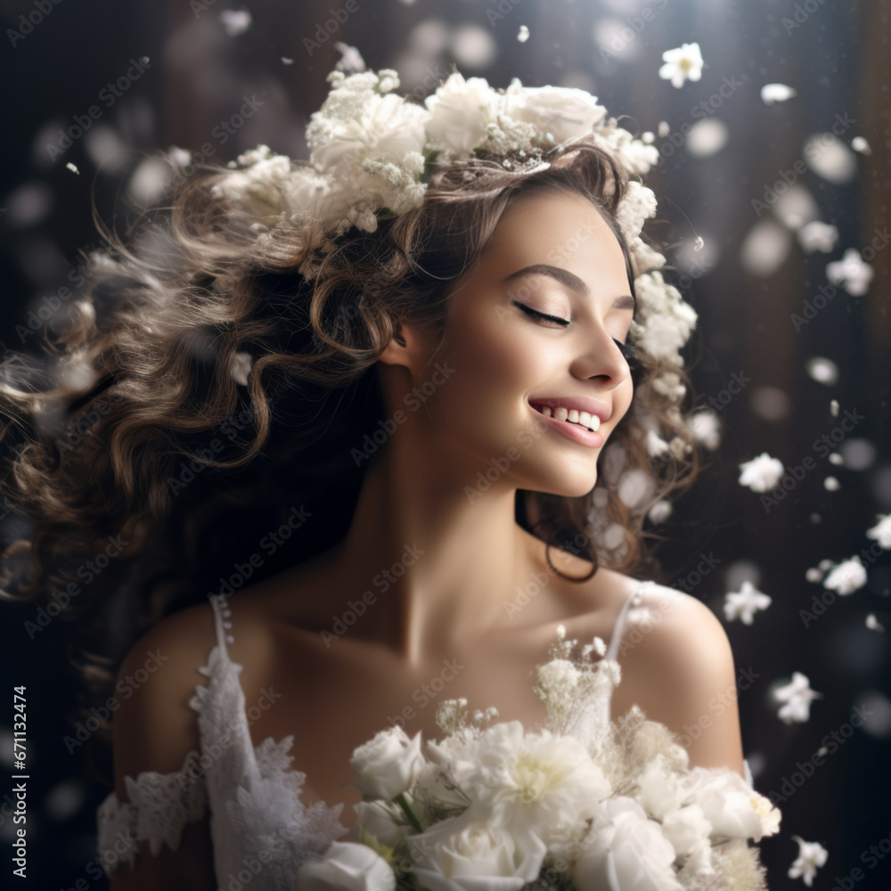 a bride dansing in a white dress with flying white flowers ,dark blurred background a bride dansing in a white dress with flying white flowers ,dark blurred background