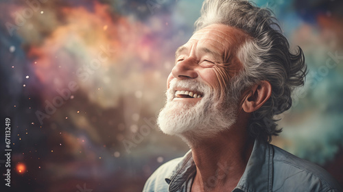 Image featuring a joyful senior man on a soft pastel backdrop.