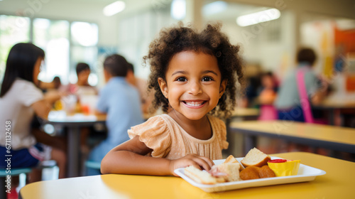 Young girl preschooler sitting in the school cafeteria eating lunch. photo