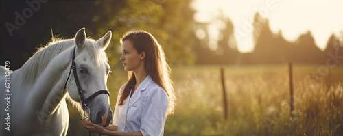 Woman horse  veterinarian examining horse with bed health in outside. photo