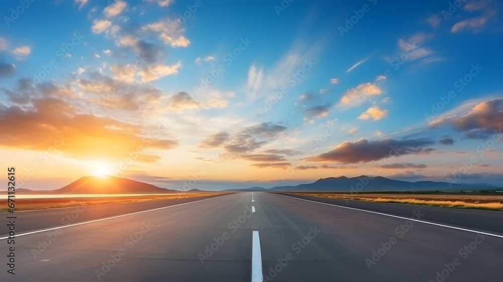 Empty asphalt road and beautiful sky at bright sunset