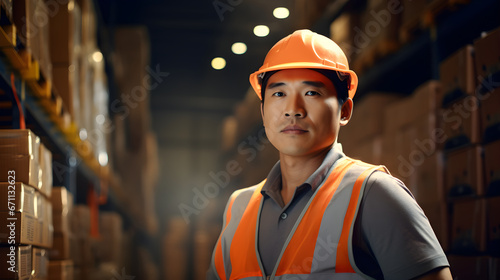 Worker in a warehouse, asian man in high visibility vest and hard hat helmet, Generative AI © Teerapat