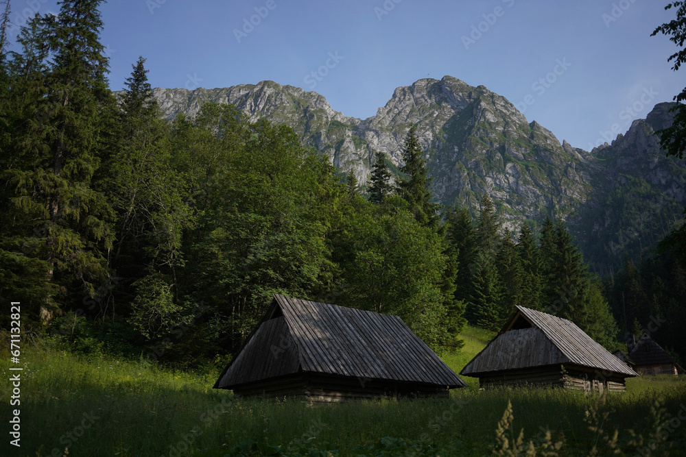 Shepherd's huts in the Tatra mountains with mountains in the background
