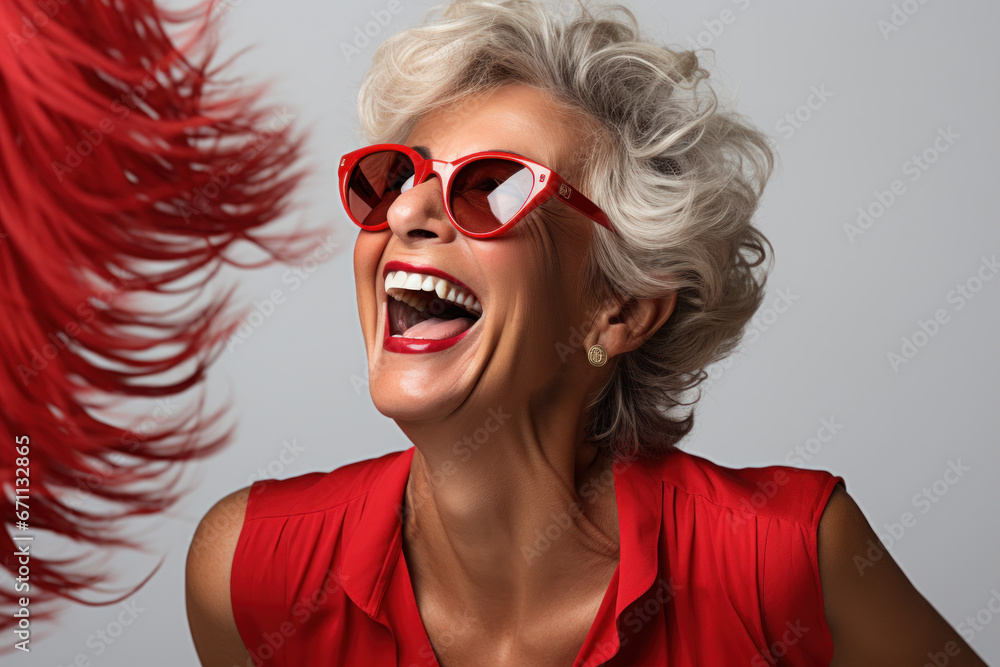 Senior woman laughing in Red sunglasses and in stylish clothes Senior woman laughing in Red sunglasses and in stylish clothes