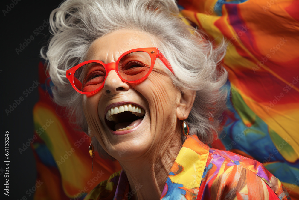Senior woman laughing in Red sunglasses and in stylish clothes Senior woman laughing in Red sunglasses and in stylish clothes