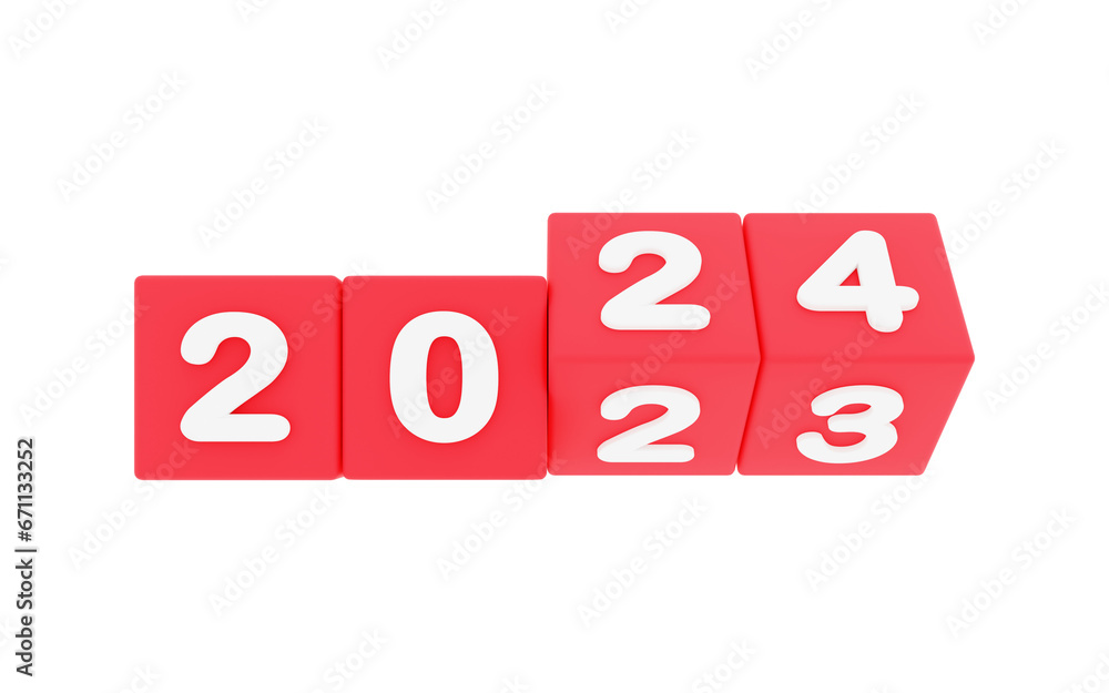 happy new year 2024,, 2024 new year, 3d illustration of 2024 red dices turning year from 2023 to 2024 on white background with empty space for text, New year wishes greeting card happy new year 2024,, 2024 new year, 3d illustration of 2024 red dices turning year from 2023 to 2024 on white background with empty space for text, New year wishes greeting card