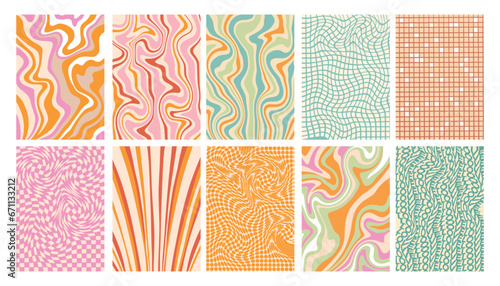 Groovy carnival background set, retro wave funky pattern kit, vector abstract psychedelic ray. Liquid pastel fun poster, swirl y2k pop texture, trippy vintage collection. Groovy geometry background