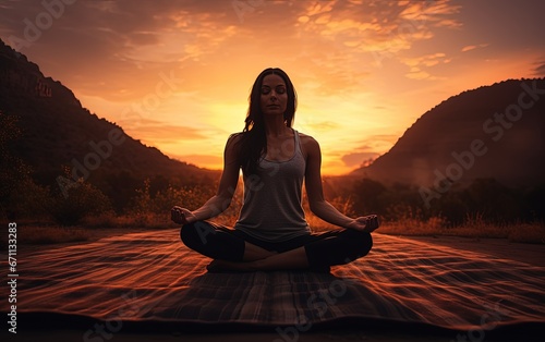 Serene Woman Meditating Outdoors at Sunset