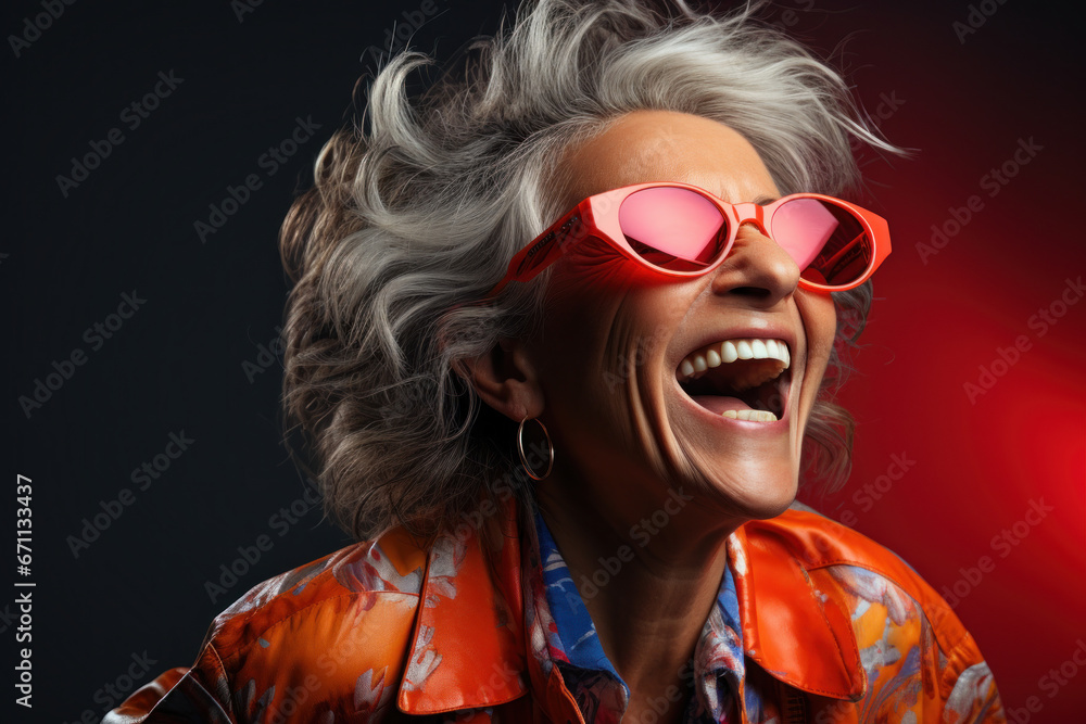 Senior woman laughing in Red sunglasses and in stylish clothes Senior woman laughing in Red sunglasses and in stylish clothes