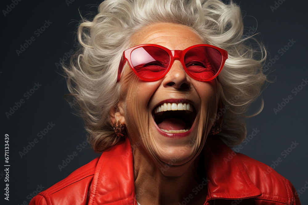 Senior woman laughing in Red sunglasses and in stylish clothes Senior woman laughing in Red sunglasses and in stylish clothes