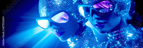 TWO FANCY DISCO DANCERS MOVE IN UV SUITS. NIGHT CLUB. legal AI