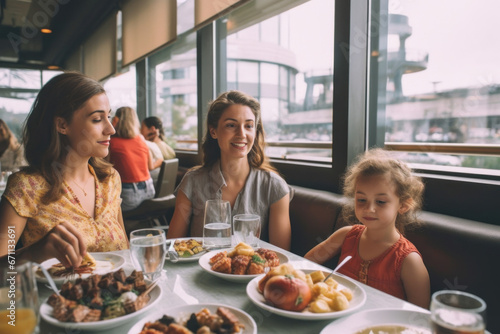 A happy smiling young woman with her little daughter and family in a restaurant and eating brunch.