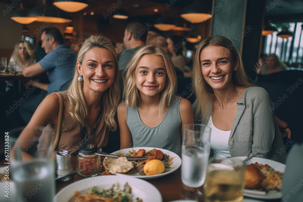 Portrait of a beautiful young woman smiling happily with friends in a restaurant and having brunch. Portrait of a beautiful young woman smiling happily with friends in a restaurant and having brunch.