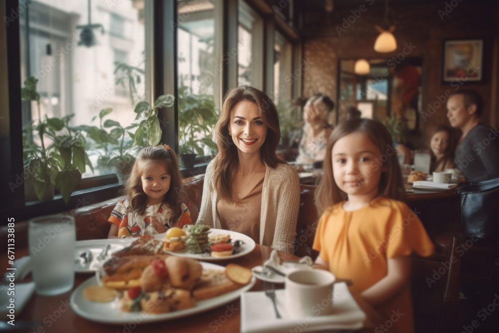 A happy smiling young woman with her little daughter and family in a restaurant and eating brunch. A happy smiling young woman with her little daughter and family in a restaurant and eating brunch.