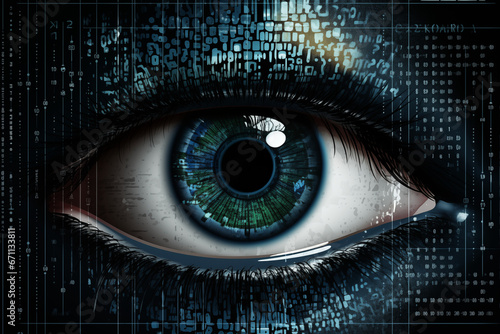 Immerse into a techy hacker background featuring a captivating eye with an intricate retina, surrounded by matrix-style code on the screen. A digital symphony of cyber prowess and sophisticated coding