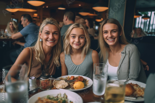 Portrait of a beautiful young woman smiling happily with friends in a restaurant and having brunch.