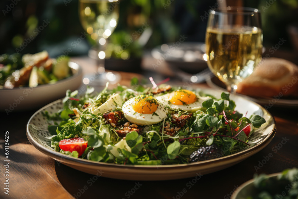 Close-up of a healthy and wholesome brunch at a restaurant table. Close-up of a healthy and wholesome brunch at a restaurant table.