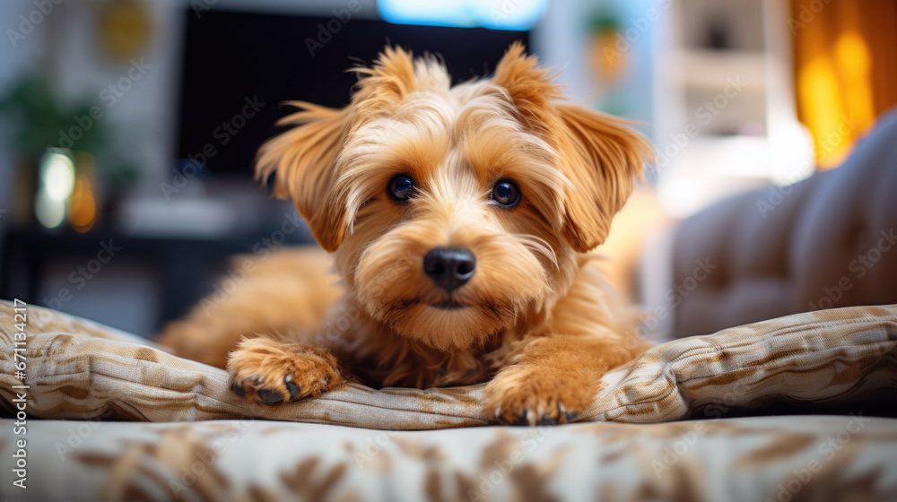 A small brown dog lies in the living room A small brown dog lies in the living room