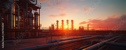 steel long gas or oil pipes in factory against sunset light. copyspace for your text.