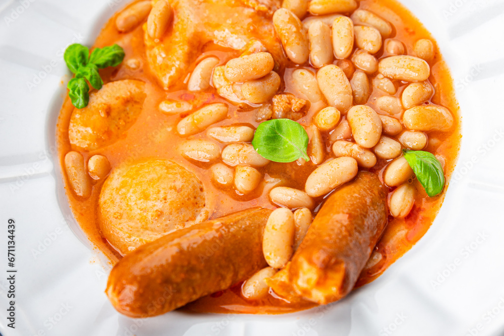 cassoulet thick bean soup with meat, beans, sausages delicious healthy eating cooking appetizer meal food snack on the table copy space cassoulet thick bean soup with meat, beans, sausages delicious healthy eating cooking appetizer meal food snack on the table copy space