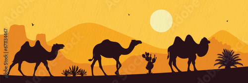 Silhouette set of Desert Camel with humps walking isolated on evening desert background
