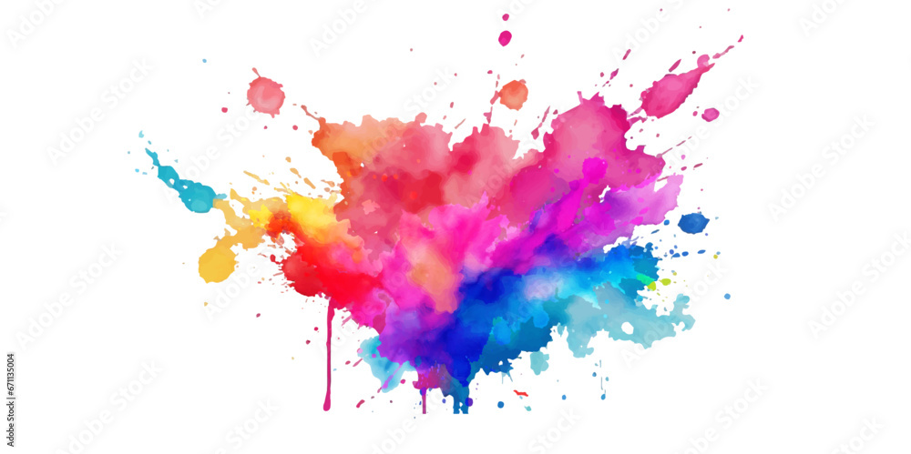 Abstract Bright colorful watercolor splash splatter stain brush strokes on white background. Modern vibrant aquarelle spot. Rainbow trendy isolated design on white. Element. 