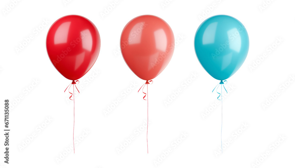 pink red and blue balloons isolated on transparent background cutout
