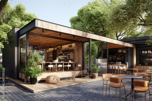 Small modern coffee shop  wooden exterior  realistic render. Architecture design concept for cafe  coffee  shop.