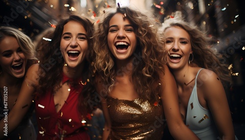 Group of beautiful young women throwing confetti and looking happy