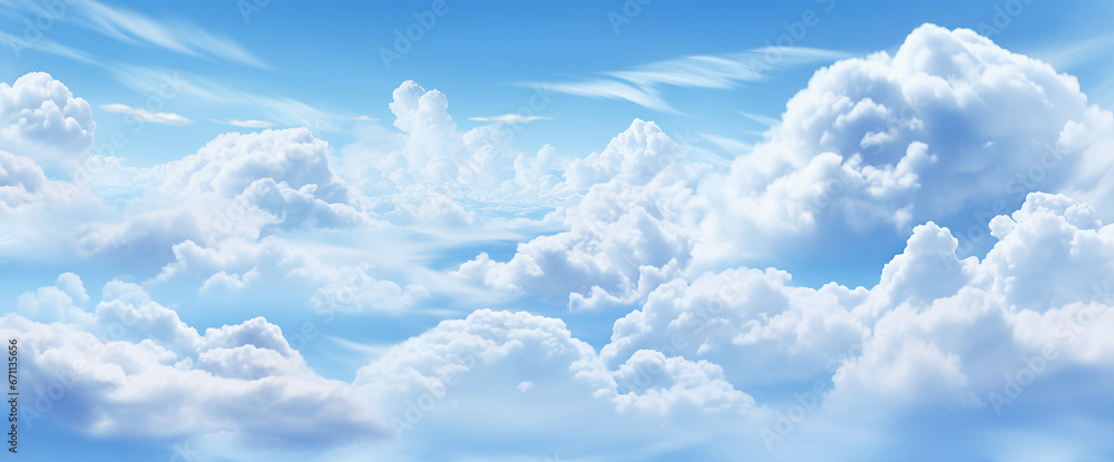 An ultra-wide clouds background capturing the heavenly view from up in the clouds. A serene expanse of blue sky adorned with billowing white clouds, evoking a tranquil and ethereal atmosphere