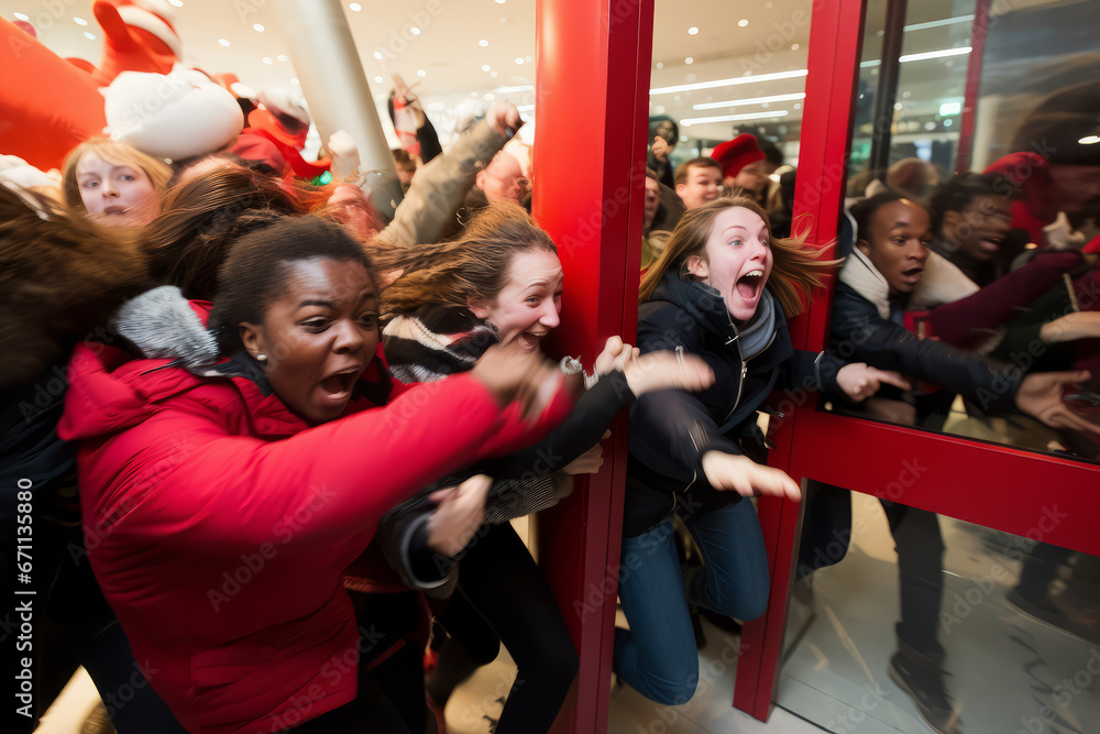 © ink drop - Shoppers rushing and fighting over discounted products on black friday © ink drop - Shoppers rushing and fighting over discounted products on black friday