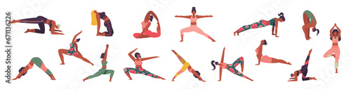 Yoga postures. Girls practising yoga. healthy Lifestyle. Flower legging. Colorful flat vector illustration isolated on a white background. Bundle of female cartoon character demonstrating various yoga